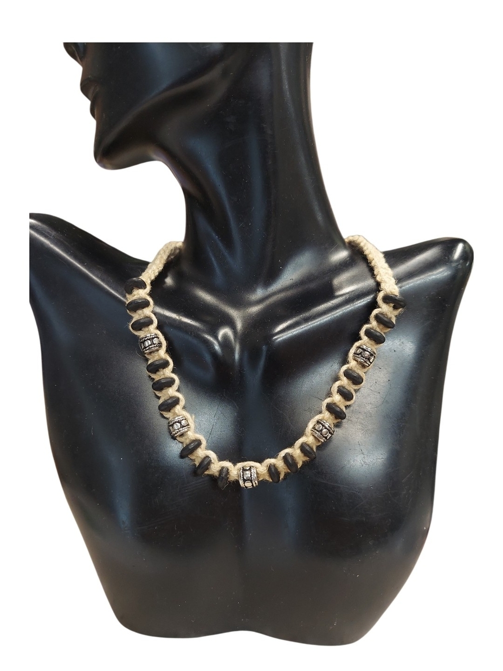 N4174 Boho Macreme Beaded Necklace Silver Black Accent Beads Unisex Natural
